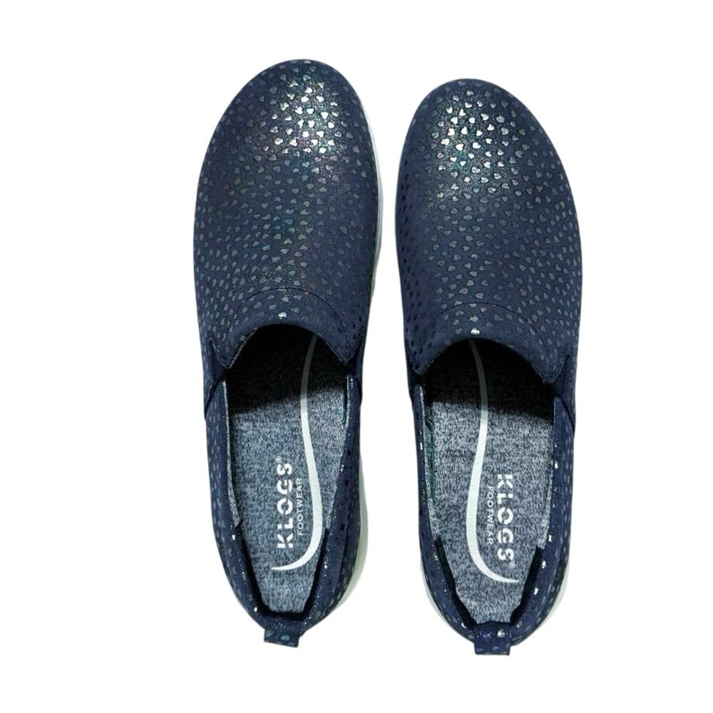 Klogs Women's Leena Slip On Shoes Leather Navy Iridescent Heart Dot Print 11